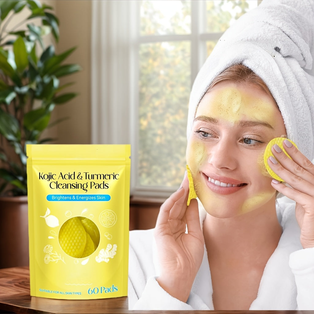 Kojic Acid & Turmeric Cleansing Pads: 60 Pads with Double-Sided Texture for All Light Beige Types - Gentle, Non-Irritating, And Infused with Curcumin, Chamomile, And Turmeric for A Natural Glow, Valentine's Day Gifts